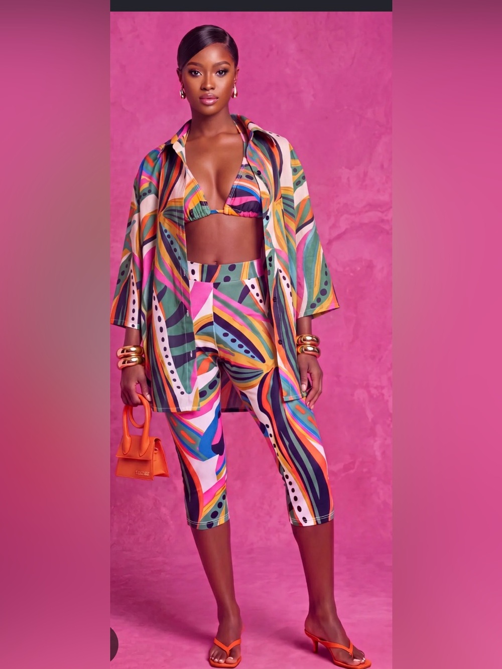 Bright Multi-Color Printed Capri Jumpsuit with Matching Jacket